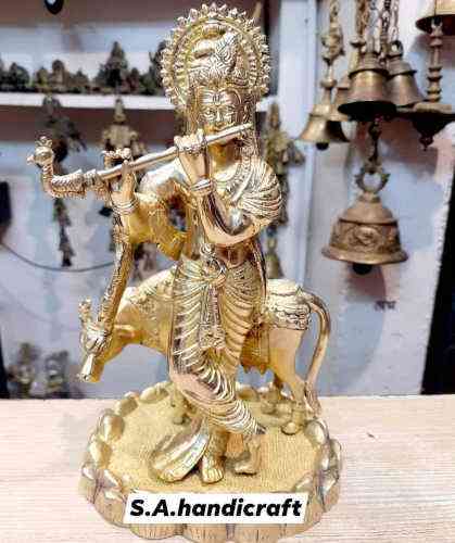 Brass Murlidhar Krishna Statue with Cow