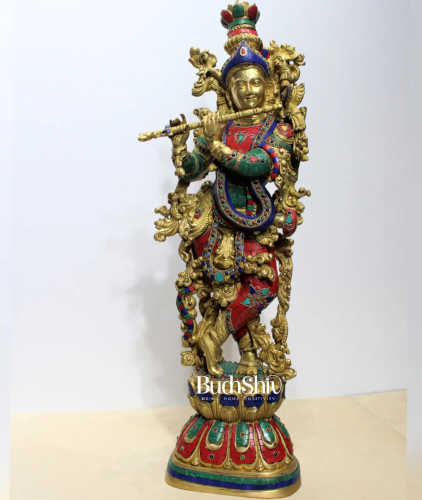 Pure Brass Krishna Statue with Stonework