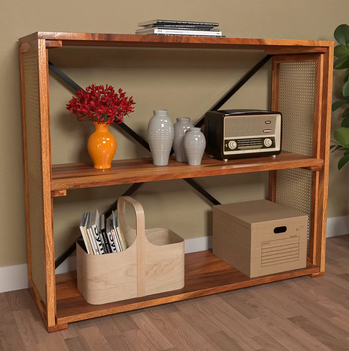 Modern Style Cane Wooden Console Storage Rack