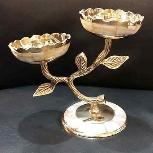 Plant Shape Brass Candle Holder with MOP Finish